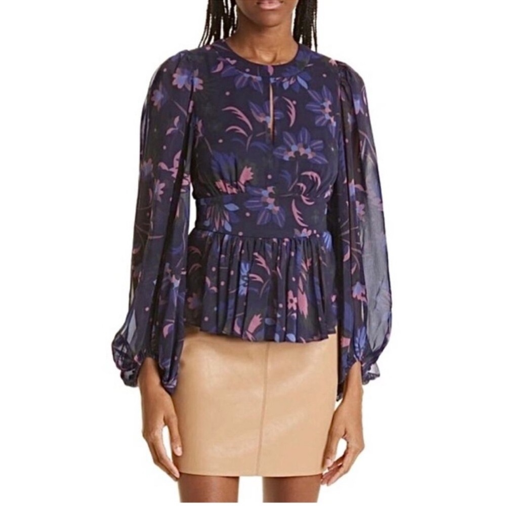 Ted Baker Black, Navy Floral Peplum Blouse Business Casual Statement Sleeves 14